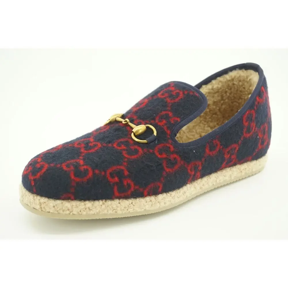 Gucci Fria GG Horsebit Espadrille Loafer Blue Size 7.5G men dress shoe Wool Fur